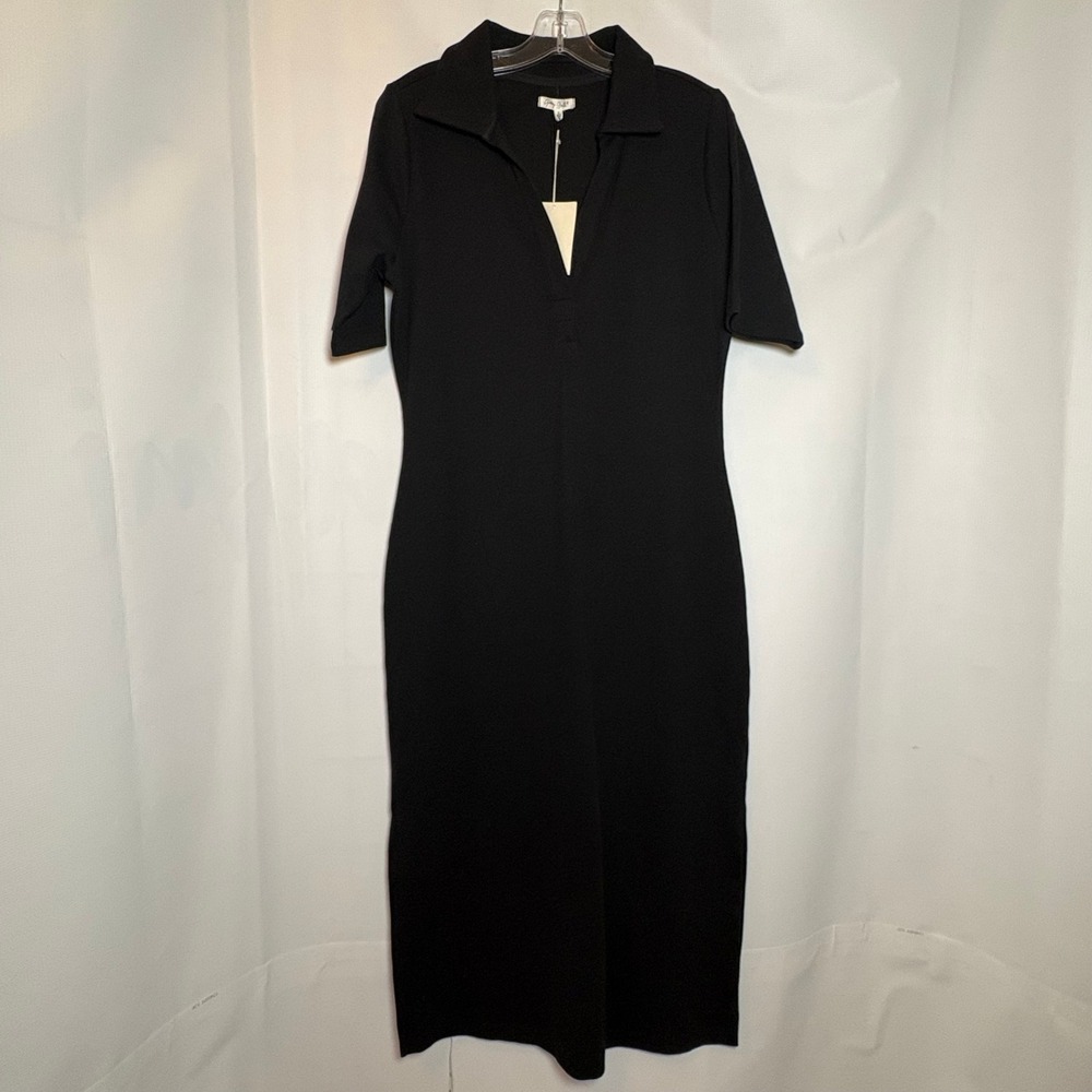 NWT Grey State Reina Dress Deep Black Ribbed Knit Collared Midi XL Old‎ Money - Picture 2 of 7